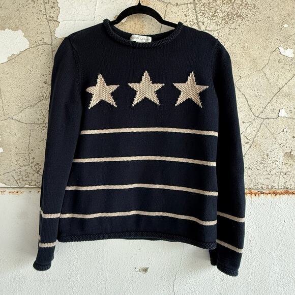 Casual Corner Sweaters - Vintage Navy Blue Striped Star Sweater Made in UK Pullover Knit M